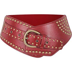 Women Vintage Wide Elastic Studded Stretchy Waist Belt Rivets Metal Buckle Red